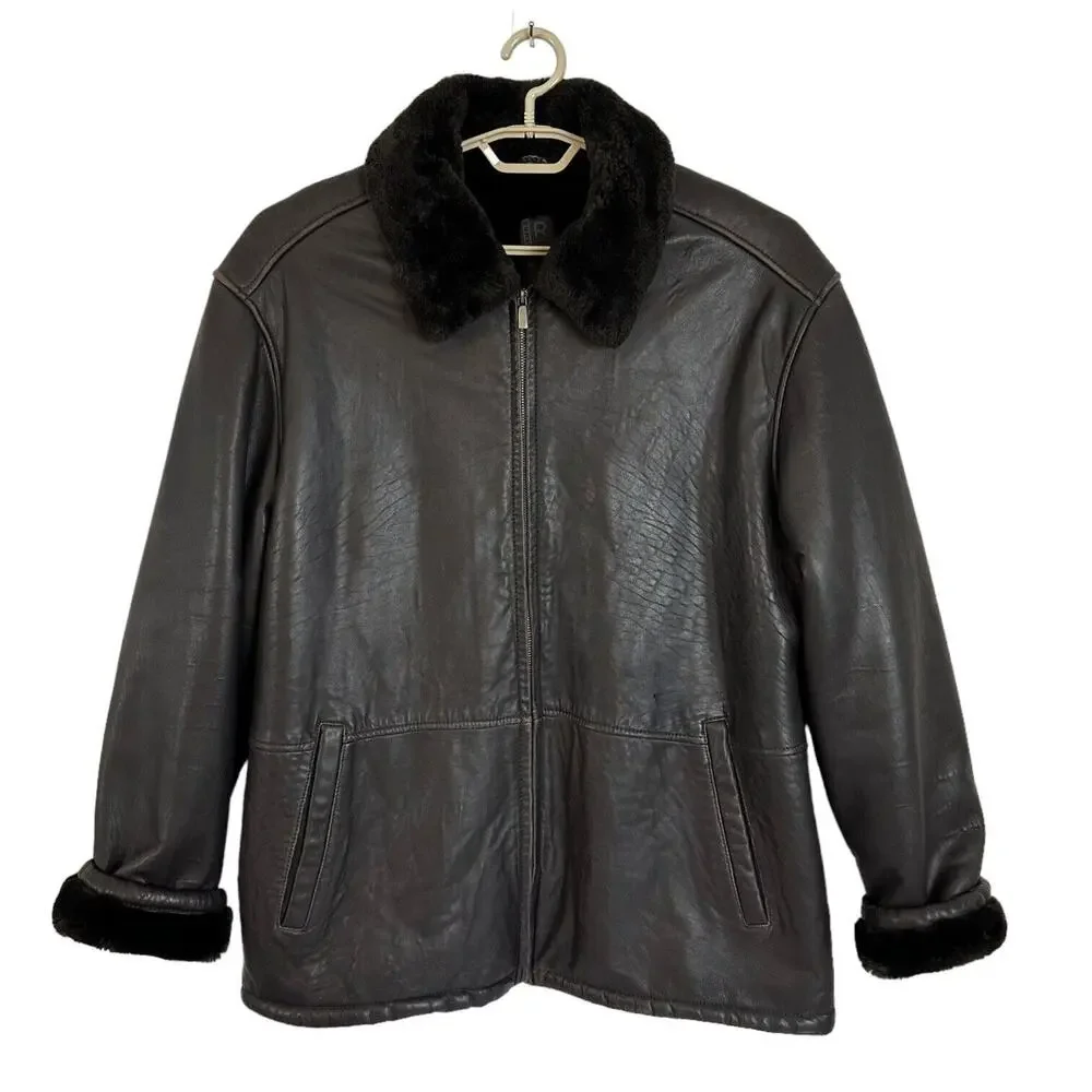 RC Comstock Expedition Aviator Flight Bomber Jacket Brown Leather Faux Fur Lined